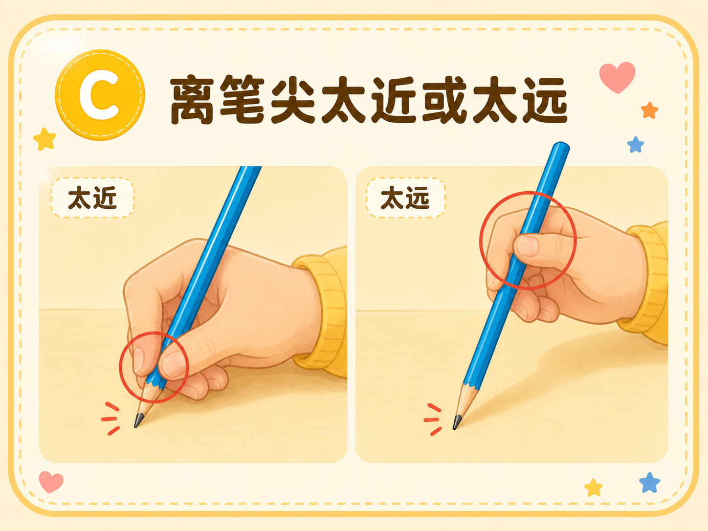 手指离笔尖太近或太远